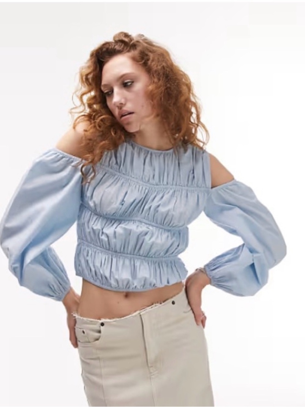 Topshop Blue Shirred Poplin Off the Shoulder Blouse Top
